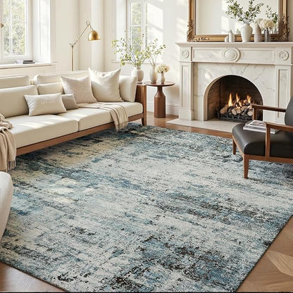 Area Rug 8x10 Washable Rug Blue for Living Room, Dining Room, Bedroom, Large Carpets, Non Slip & Non-Shedding Low Pile Vintage Print Rug for Home Office Decor