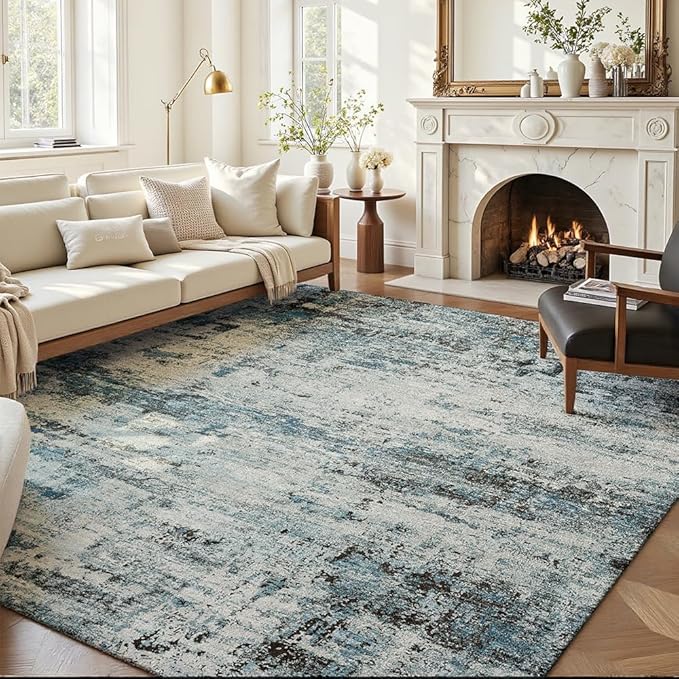 Area Rug 6x9 Washable Rug Blue for Living Room, Dining Room, Bedroom, Large Carpets, Non Slip & Non-Shedding Low Pile Vintage Print Rug for Home Office Decor