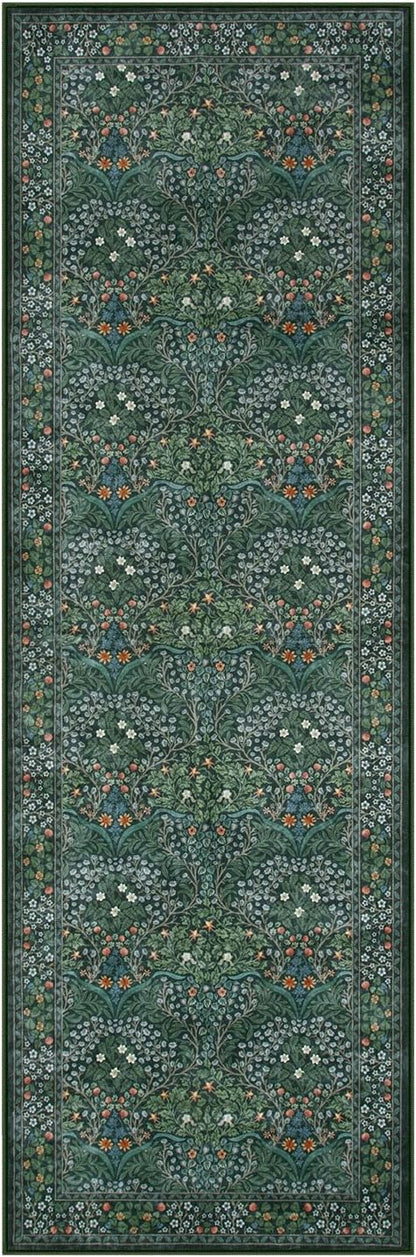 Lahome Floral Washable Runner Rug, 2'6''x8' Soft Hallway Rug Non Slip, Boho Ultra-Thin Kitchen Runners for Hallways with Rubber Backing Carpet Runner for Laundry Bedroom Bathroom, Dark Green