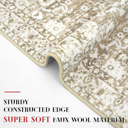 Hallway Runner Rug, Beige Tan White Washable Runner Rug 2x8 Vintage Floral Neutral Kitchen Rug Runner Non Slip Thin Printed Faux Wool Super Soft Carpet for Entryway Bedroom Laundry Room Indoor