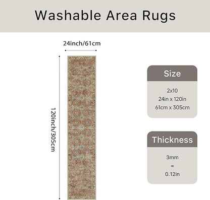 Bavni 2x10 Runner Rug Non Slip, Machine Washable Rug Runners for Hallways, Vintage Distressed Print Kitchen Runners, Low Pile Lightweight Carpet Runner for Entryway Laundry Bedroom Bathroom Spice Sky