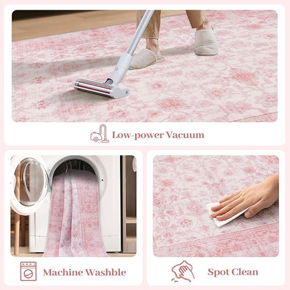 LIVEBOX Pink Area Rug 4x6, Vintage Living Room Rug Machine Washable Area Rugs, Pink Rugs for Bedroom Girls, Indoor Carpet for Dining Room Nursery Dorm Home Decor