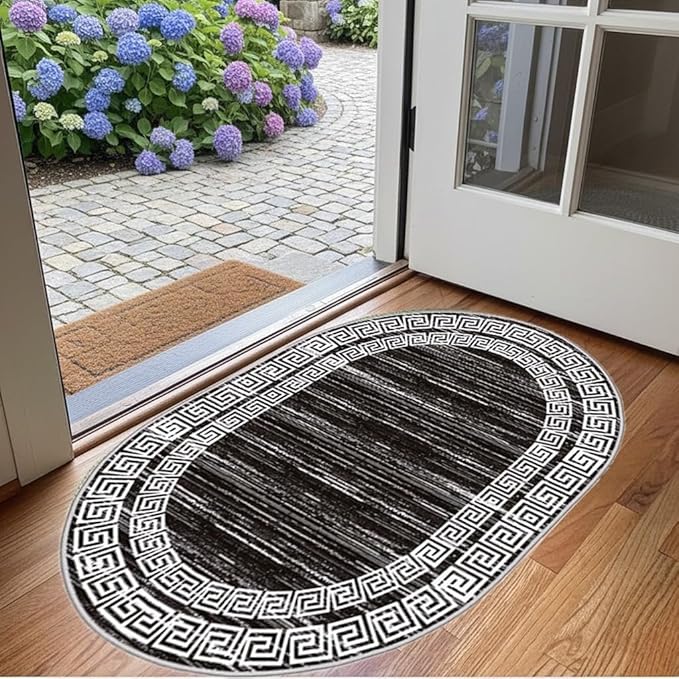 Minimalist Distressed Black Off White Greek Key Pattern Bordered Rug 5x7 for Liivng Room Bedroom Dining Room Soft Non Skid Washable Large Rugs Nursery Dorm Kitchen Rustic Classic Indoor Oval Carpet