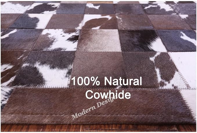 Modern Design Premium Cowhide Leather Carpet with Chevron Pattern, Area Rug (Brown/White-1, 3x12)
