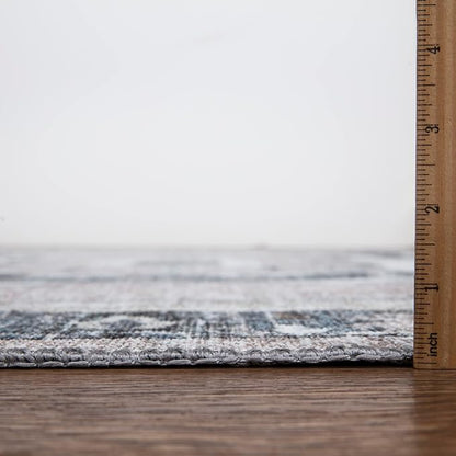 Bloom Rugs Washable Non-Slip 12 ft Runner - Pebble Gray/Blue Traditional Medallion Runner for Entryway, Hallway, Bathroom, and Kitchen - Exact Size: 2.5' x 12'