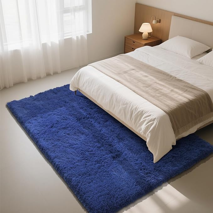 Blue Fluffy Rug Shaggy Area Rug, 5x8 Area Rugs for Girls Bedroom, Soft Cute Baby Play Mat, Indoor Floor Carpet for Teen, Nursery, Preppy Dorm, Plush Aesthetic Bedside Rug