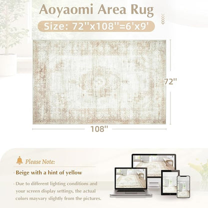 Vintage Living Room Area Rug - 6x9 Large Machine Washable Boho Moroccan Distressed Farmhouse Rugs for Bedroom - Soft Non-Slip Indoor Floor Accent Rugs for Office Dining Room (Beige, 6' x 9')