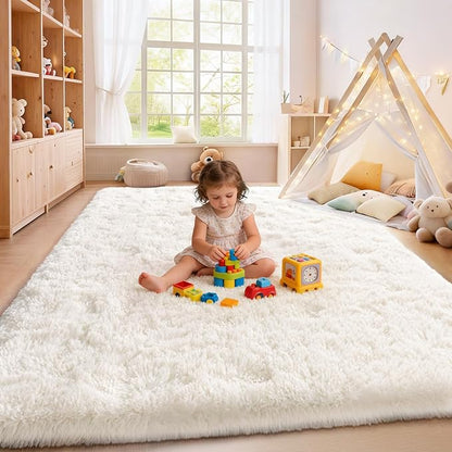 Cream White Plush Rug for Living Room Fuzzy Carpet for Bedroom Dorm, Non-Slip High Pile Rug, Shag Rug for Playroom Nursery Home Office Decor 9X12 Ft