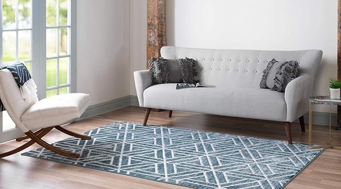 Rugs.com Lattice Trellis Collection Rug – 6' x 9' Blue Low-Pile Rug Perfect for Living Rooms, Large Dining Rooms, Open Floorplans