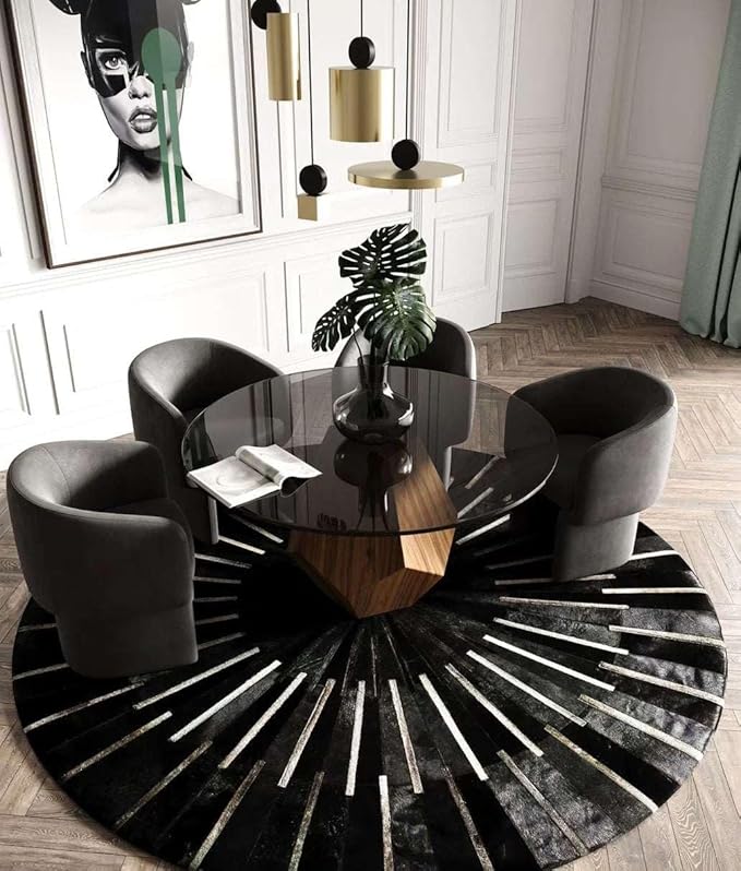 Sn Alef Home Round Designer Rug for Living Room | Handcrafted Black & White Boho Floor Carpet | Modern Ethnic Circular Mat for Home Décor & Meditation Space (Black_8x8)