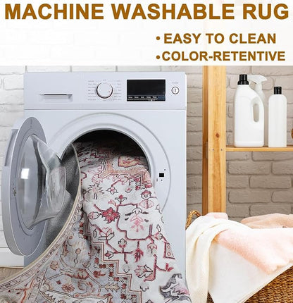 Runner Rug 2×6, Machine Washable Non-Slip Vintage Area Rug, Low Pile, Indoor Carpet Printed Floral Rugs for Living Room, Entryway, Kitchen, Bedroom,Beige