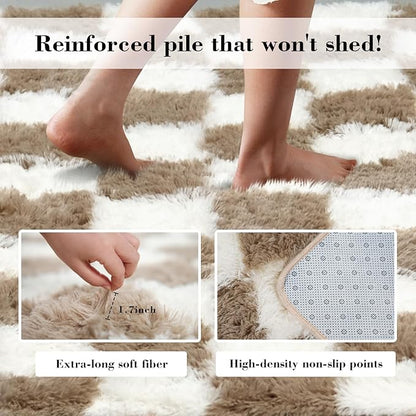 Checkered Rug for Bedroom, 4x6 Beige and White Area Rugs, Classic Checkered Carpets Shaggy Area Rug, Bedside Rugs for Living Room Bedroom Kids Room Home Decor