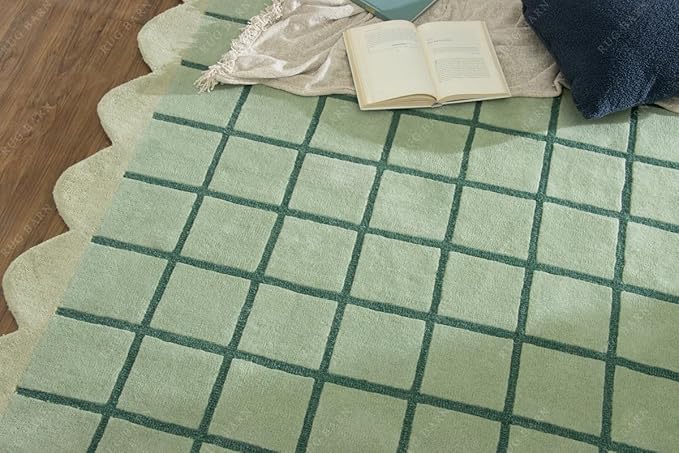 Mint Green Scalloped Edge Wool Area Rug with Checker Grid Design, Hand-Tufted Soft Carpet for Living Room, Bedroom, Nursery, Kids & Playroom Décor - 8x8 Ft (Square)