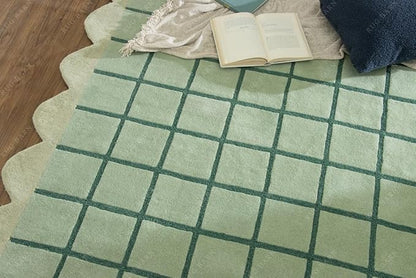 Mint Green Scalloped Edge Wool Area Rug with Checker Grid Design, Hand-Tufted Soft Carpet for Living Room, Bedroom, Nursery, Kids & Playroom Décor - 8x8 Ft (Square)