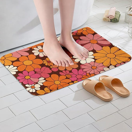 Erosebridal Groovy Floral Bathroom Mat for Girls Retro Flower Microfiber Bath Rug Chic Daisy 3D Entryway Door Mat 16x24 Groovy Party Decorations Bath Mat 70s Party Decorations Bath Rugs