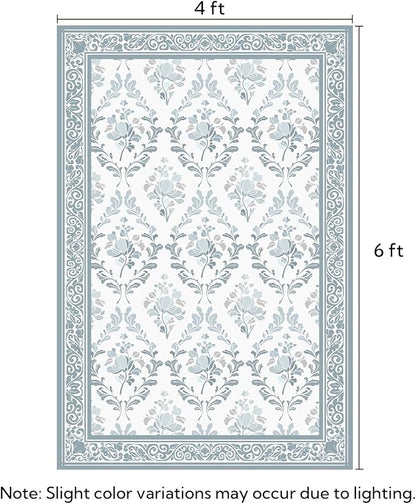 SOULFUL Medium Pile 4x6 Rugs for Living Room - Soft Underfoot Area Rug - Mist Blue Boho Floral - Washable Non-Slip - Perfect for Bedroom Kids Room Under Dining Table Office