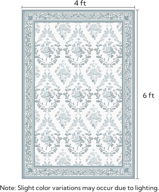 SOULFUL Medium Pile 4x6 Rugs for Living Room - Soft Underfoot Area Rug - Mist Blue Boho Floral - Washable Non-Slip - Perfect for Bedroom Kids Room Under Dining Table Office