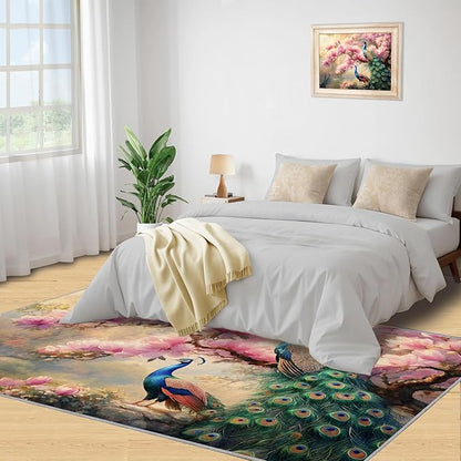Peacock Magnolia Rug Large - 5x6 Rug, Pink Magnolia Washable Rugs for Living Room, Classic Carpet, Peafowl Non-Slip Area Rugs for Bedroom, Aesthetics Carpet - Peafowl Home Decor & Gifts