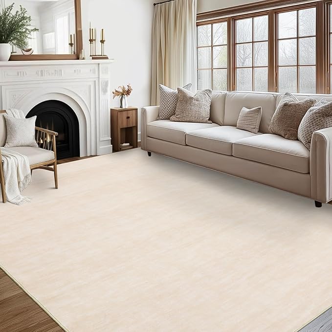 RUGSREAL Washable Contemporary Area Rug Low-Pile Solid Modern Area Rug Non-Slip Stain Resistant Home Office Solid Rug for Living Room Bedroom Kids Room, 5' x 7' Ivory Beige