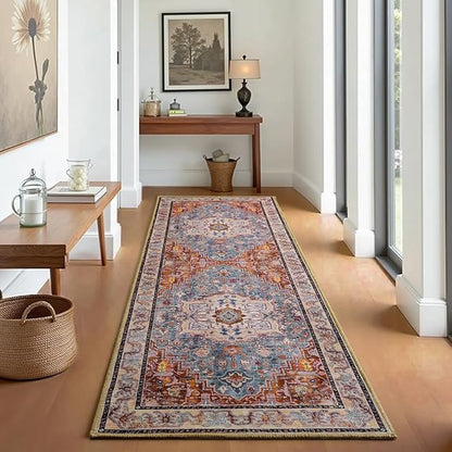 Runner Rug 2×6, Machine Washable Non-Slip Vintage Area Rug, Low Pile, Indoor Carpet Printed Floral Rugs for Living Room, Entryway, Kitchen, Bedroom, Rust Brown
