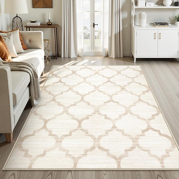 Lahome Moroccan Living Room Carpet - 4x6 Area Rug Washable Non-Slip Soft Rugs for Bedroom Ultra-Thin Throw Rug for Office, Modern Print Indoor Carpet Rug for Laundry Room Nursery (Beige, 4'x6')