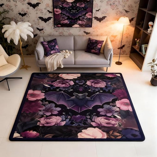 Black Floral Bat 3x5 Area Rug Halloween Bats Rugs for Living Room | Boho Flowers Washable Rug, Romantic Plant Gothic Carpet Indoor Floor Mat