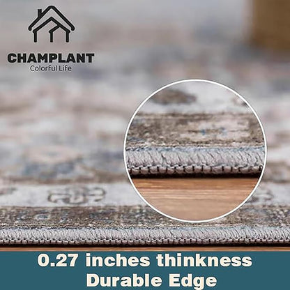 3'x5' Cyan Khaki Vintage Washable Thin Area Rug Traditional Floor Cover Foldable Indoor Distressed Non Slip Carpet Floral Print Mat Bedroom Living Room Bathroom