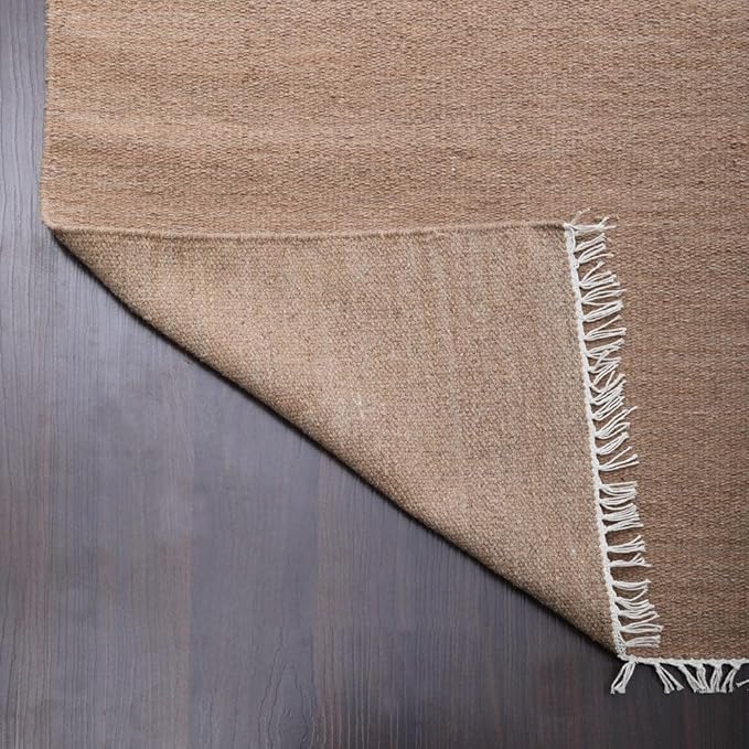Rugsotic Carpets Hand Woven Flat Weave Kilim Wool ECO-Friendly Area Rugs - 9'x12', Rectangle Shape, Light Brown Color, Solid Plain Design, Low Pile Handmade Rugs for Living Room (D00111)
