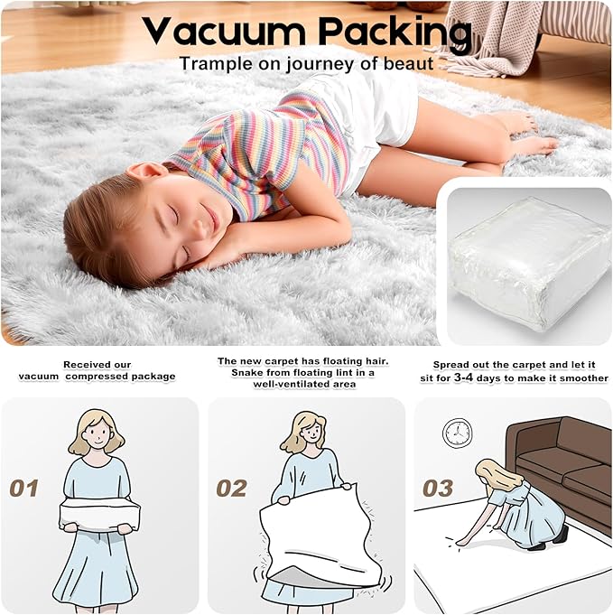 2x3 Tie-Dyed Grey Rugs for Bedroom Living Room, Fluffy Small Area Rug Soft Shag Carpet for Kids Boys and Girls Room with 4 Rugs Non-Slip Stickers Dorm Home Decor (2ft x 3ft)
