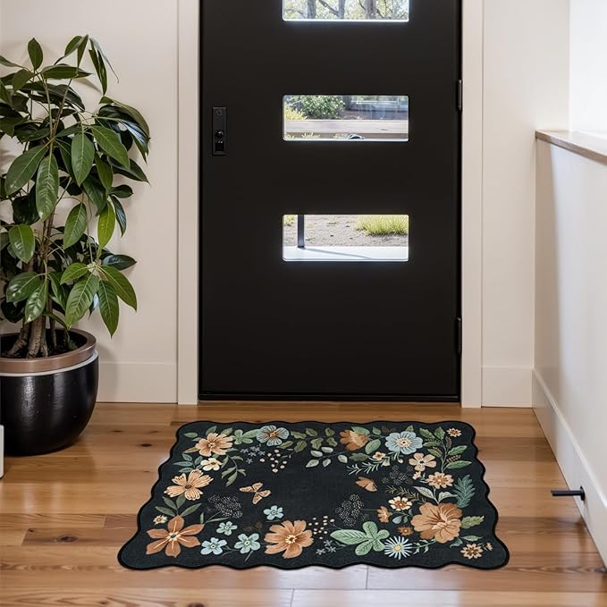 Lahome Floral Entryway Rug, 2X3 Washable Kitchen Rug Ultra-Thin, Non-Slip Soft Door Mat Indoor Entrance Stain Resistant Boho Small Low-Pile Throw Carpet for Bathroom Bedroom(2x3ft,Black/Grey)
