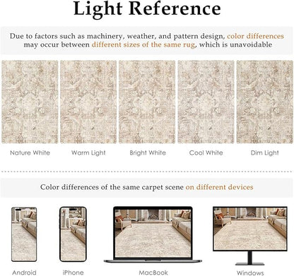 8x10 Beige Washable Area Rug for Living Room Bedroom Neutral Soft Non Slip Rug Low Pile Vintage Distressed Carpet for Dining Room Nursery Office Indoor