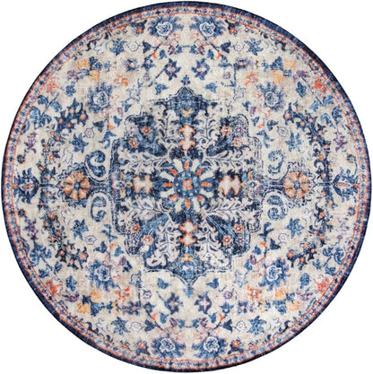 Lahome Bohemian Round Rug 3Ft Small Bedroom Round Area Rug Soft Bathroom Circle Mat, Vintage Machine Washable Non Slip Low Pile Indoor Floor Carpet for Kitchen Laundry Entryway, Blue Purple/Multi