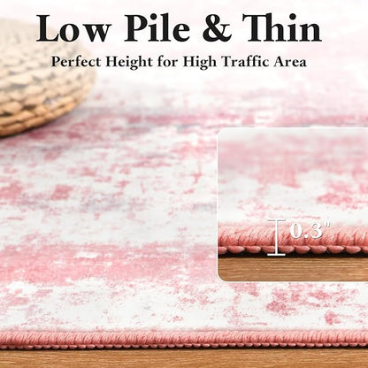 Washable Abstract Runner Rug, 2x6 Modern Area Rugs with Non-Slip Rubber Backed for Kitchen, Thin but Soft Contemporary Carpet Bedroom Entryway Hallway Decor, Pink