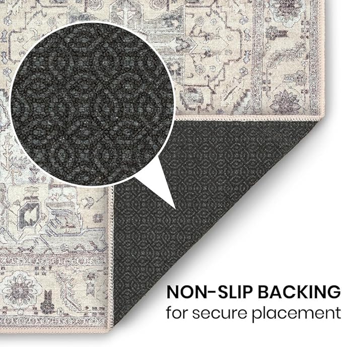 GLN Rugs Traditional Collection - Machine Washable Area Rug, Traditional Washable, Non Slip, Low Pile Chenille Rug, Living Room, Bedroom, Kitchen Rug (3' x 5' Cream/Gray)