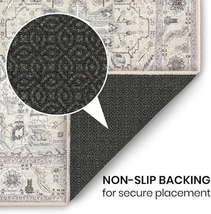 GLN Rugs Traditional Collection - Machine Washable Area Rug, Traditional Washable, Non Slip, Low Pile Chenille Rug, Living Room, Bedroom, Kitchen Rug (9' x 12' Cream/Gray)