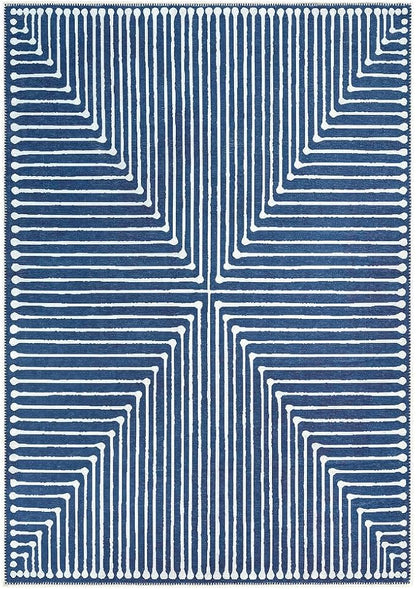 GLN Rugs Contemporary Collection - Machine Washable Area Rug, Contemporary Washable, Non Slip, Low Pile Chenille Rug, Living Room, Bedroom, Kitchen Rug (9' x 12' Lines Blue)