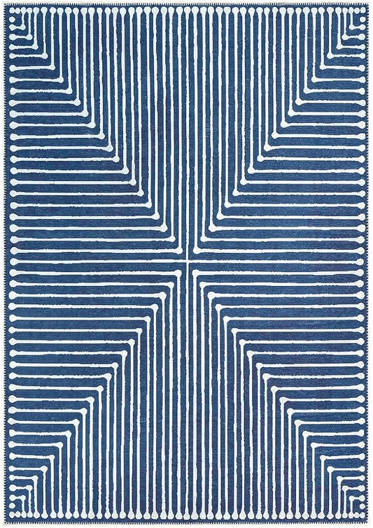 GLN Rugs Contemporary Collection - Machine Washable Area Rug, Contemporary Washable, Non Slip, Low Pile Chenille Rug, Living Room, Bedroom, Kitchen Rug (9' x 12' Lines Blue)