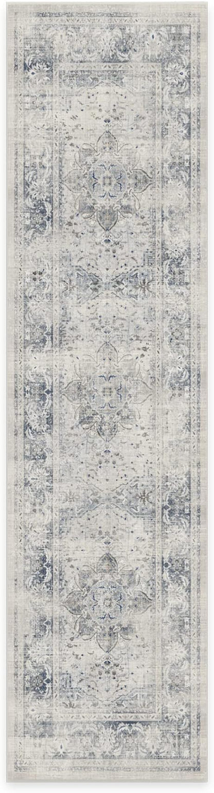 RUGGABLE Washable Vintage Runner Rug – Sarrah Blue Quartz 2.5x10, Stain-Resistant, Non-Slip Hallway Runner – Machine Washable Rug for Hallway, Entryway, Living Room & Kitchen–with Cushioned Pad