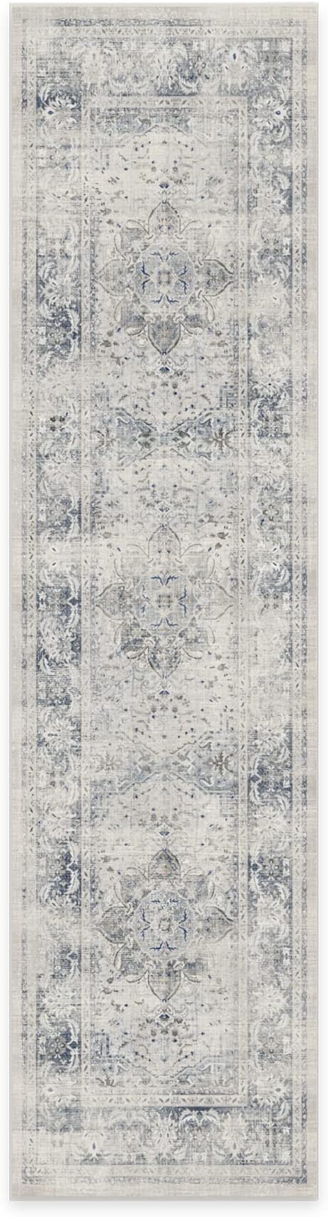 RUGGABLE Washable Vintage Runner Rug – Sarrah Blue Quartz 2.5x10, Stain-Resistant, Non-Slip Hallway Runner – Machine Washable Rug for Hallway, Entryway, Living Room & Kitchen–with Standard Pad