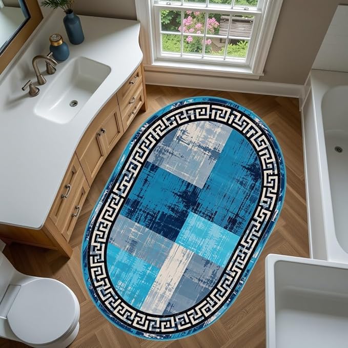Blue Grey Black Greek Key Pattern Bordered Design Large Carpet for Living Room Bedroom Dining Room Soft Non Slip Low Pile Area Rug 9x12 Farmhouse Doormats Vintage Distressed Home Office Oval Rugs
