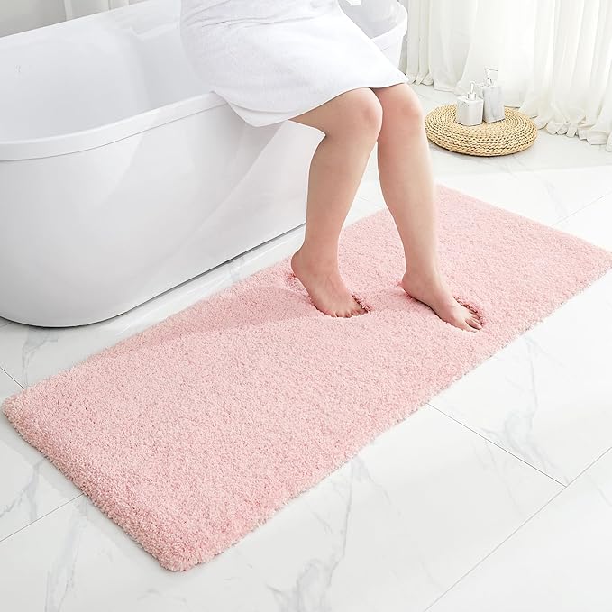 Bathroom Runner Rug 24x70 Pink Non Slip Fluffy Long Bath Mat for Bathroom Floor Washable Plush Luxury Bath Rug for Tub Absorbent Shower Sink Mat Bedside Rug