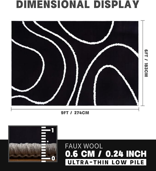 YIHOUSE Black Modern Area Rug 6x9,Abstract Rugs for Bedroom,Black and White Geometric Rug,Minimalist Wave Rug,Dark Washable Area Rugs 6x9 Non Slip Rugs for Living Room，Office