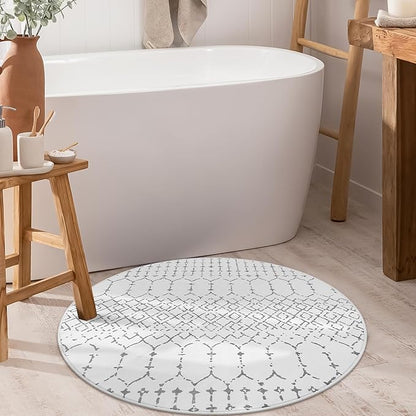 Lahome Moroccan Round Area Rug - 3Ft Round Rug Non-Slip Washable Soft Round Bathroom White Throw Small Circle Rug for Bedroom, Modern Geometric Print Low-Pile Round Rugs for Entryway Kitchen Sofa