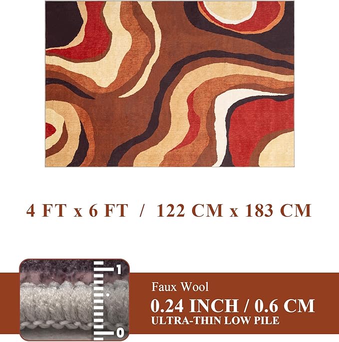 YIHOUSE Burnt Orange Rug 4x6 Washable,Farmhouse Brown Retro Carpets,Geometric Abstract Wavy Rug for Bedroom,Unique Colorful Rugs for Living Room,Dining Room,Bedside Rugs
