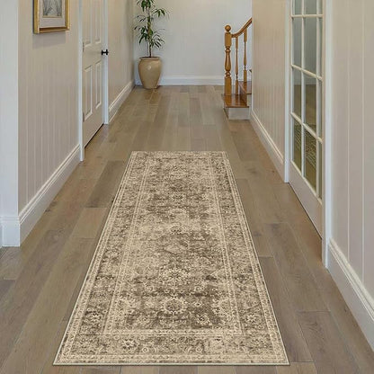 2x6 Washable Runner Rug for Kitchen Hallway Brown Vintage Non-Slip Low Pile Distressed Rustic Carpet Lightweight Vacuumable Soft Long Throw Rug for Indoor Entryway Bedroom
