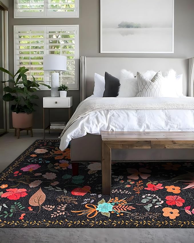 Area Rug 9x12, Washable Large Rugs for Living Room, Non Slip 0.27" Low Pile Vintage Floral Large Carpet for Bedroom, Dining Room, Kids Playroom (Black)