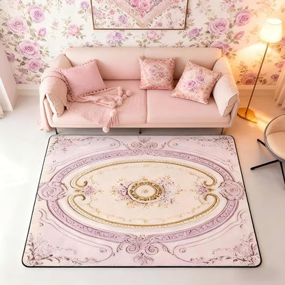 Light Pink Large Area Rug 5x7 Antique Decor Boho Floral Living Room Rug | Bohemian Flowers Rugs for Bedroom, Minimalist Damask Victorian Carpet Indoor Floor Mat