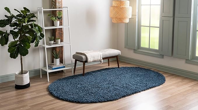 Unique Loom Davos Shag Collection Area Rug - Solid (3' 3" x 5' 3" Oval, Marine Blue)