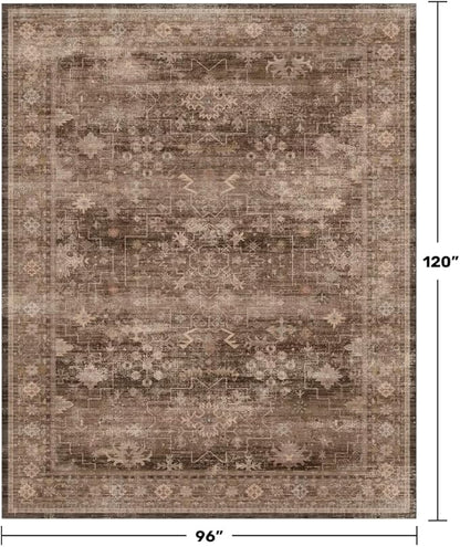 Boho Taupe Brown Living Room Rug 8x10 - Modern Vintage Traditional Eclectic Oriental Neutral, Washable Low Pile Non-Slip Extra Large Area Rugs for Dining Under Table Bedroom Lounge