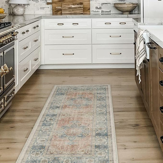 RUGGABLE Washable Vintage Runner Rug – Sarrah Coral 2.5x7, Stain-Resistant, Non-Slip Hallway Runner – Machine Washable Rug for Hallway, Entryway, Living Room & Kitchen–with Standard Pad